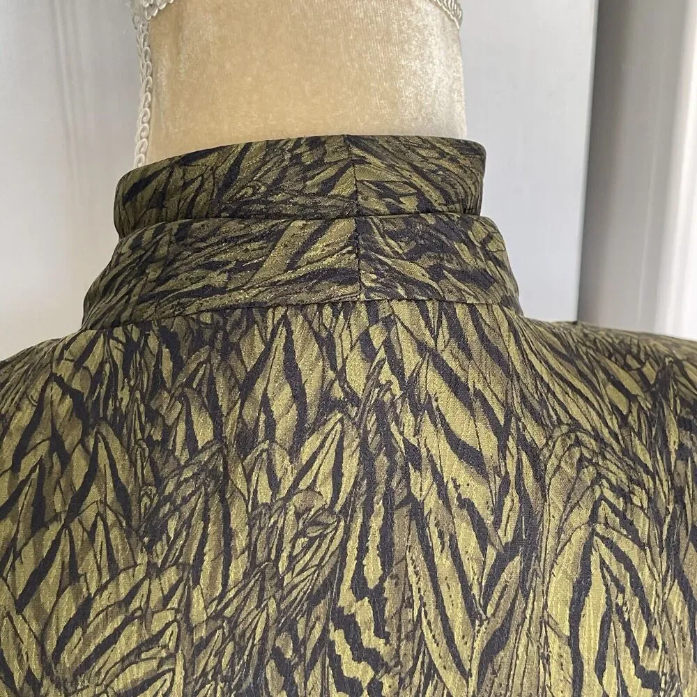 Anne Klein Vintage Silk Blouse Size 8 Green Black Surplice Button Front Top